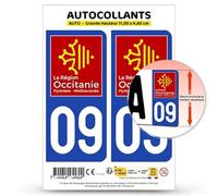 Autocollant Plaque Immatriculation 2 Stickers département 09 Ariège - Occitanie en Version Fond Bleu : 11 x 4,6 cm (Grande Hauteur)