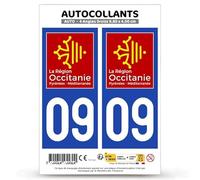 Autocollant Plaque Immatriculation 2 Stickers département 09 Ariège - Occitanie en Version Fond Bleu : 9,8 x 4,5 cm (Angles Droits)
