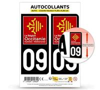 Autocollant Plaque Immatriculation 2 Stickers département 09 Ariège - Occitanie en Version Fond Noir : 11 x 4,6 cm (Grande Hauteur)