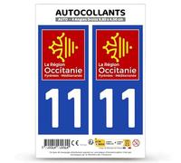 Autocollant Plaque Immatriculation 2 Stickers département 11 AUDE - Occitanie en Version Fond Bleu : 9,8 x 4,5 cm (Angles Droits)