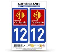 Autocollant Plaque Immatriculation 2 Stickers département 12 Aveyron - Occitanie en Version Fond Bleu : 9,8 x 4,5 cm (Angles Arrondis)
