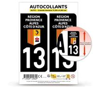 Autocollant Plaque Immatriculation 2 Stickers département 13 Bouches-du-Rhône - Région Sud en Version Fond Noir : 11 x 4,6 cm (Grande Hauteur)