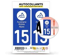 Autocollant Plaque Immatriculation 2 Stickers département 15 Cantal - Auvergne-Rhône-Alpes en Version : Fond Bleu - 11 x 4,6 cm Grande Hauteur