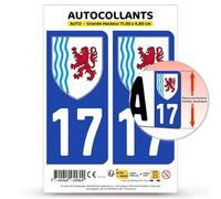 Autocollant Plaque Immatriculation 2 Stickers département 17 Charente-Maritime - Nouvelle-Aquitaine en Version Fond Bleu : 11 x 4,6 cm (Grande Hauteur)