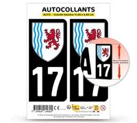 Autocollant Plaque Immatriculation 2 Stickers département 17 Charente-Maritime - Nouvelle-Aquitaine en Version Fond Noir : 11 x 4,6 cm (Grande Hauteur)