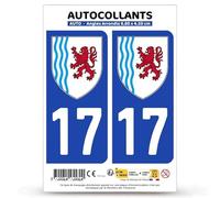 Autocollant Plaque Immatriculation 2 Stickers département 17 Charente-Maritime - Nouvelle-Aquitaine en Version Fond Bleu : 9,8 x 4,5 cm (Angles Arrondis)