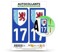 Autocollant Plaque Immatriculation 2 Stickers département 17 Charente-Maritime - Nouvelle-Aquitaine en Version Fond Bleu : 10,25 x 4,6 cm (Plaque Plexi)