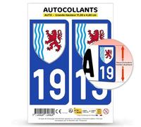 Autocollant Plaque Immatriculation 2 Stickers département 19 Corrèze - Nouvelle-Aquitaine en Version Fond Bleu : 11 x 4,6 cm (Grande Hauteur)