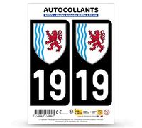 Autocollant Plaque Immatriculation 2 Stickers département 19 Corrèze - Nouvelle-Aquitaine en Version Fond Noir : 9,8 x 4,5 cm (Angles Arrondis)