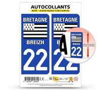 Autocollant Plaque Immatriculation 2 Stickers département 22 Côtes-d'Armor - Bretagne en Version : Fond Bleu - 11 x 4,6 cm Grande Hauteur