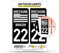 Autocollant Plaque Immatriculation 2 Stickers département 22 Côtes-d'Armor - Bretagne en Version : Fond Noir - 11 x 4,6 cm Grande Hauteur