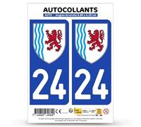 Autocollant Plaque Immatriculation 2 Stickers département 24 Dordogne - Nouvelle-Aquitaine en Version Fond Bleu : 9,8 x 4,5 cm (Angles Arrondis)