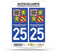 Autocollant Plaque Immatriculation 2 Stickers département 25 Doubs - Bourgogne-Franche-Comté II en Version : Fond Bleu - 9,8 x 4,5 cm Angles Droits