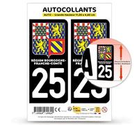 Autocollant Plaque Immatriculation 2 Stickers département 25 Doubs - Bourgogne-Franche-Comté II en Version : Fond Noir - 11 x 4,6 cm Grande Hauteur