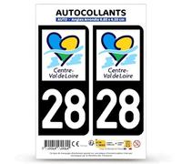 Autocollant Plaque Immatriculation 2 Stickers département 28 Eure-et-Loir - Centre-Val de Loire II en Version Fond Noir : 9,8 x 4,5 cm (Angles Arrondis)