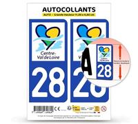 Autocollant Plaque Immatriculation 2 Stickers département 28 Eure-et-Loir - Centre-Val de Loire II en Version Fond Bleu : 11 x 4,6 cm (Grande Hauteur)