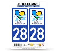 Autocollant Plaque Immatriculation 2 Stickers département 28 Eure-et-Loir - Centre-Val de Loire II en Version Fond Bleu : 9,8 x 4,5 cm (Angles Arrondis)