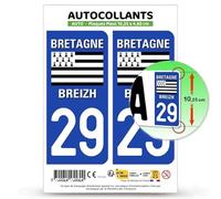 Autocollant Plaque Immatriculation 2 Stickers département 29 Finistère - Bretagne en Version : Fond Bleu - 10,25 x 4,6 cm Plaque Plexi