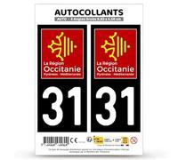 Autocollant Plaque Immatriculation 2 Stickers département 31 Haute-Garonne - Occitanie en Version Fond Noir : 9,8 x 4,5 cm (Angles Droits)