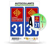 Autocollant Plaque Immatriculation 2 stickers département 31 Haute-Garonne - Occitanie en version Fond Bleu : 10,25 x 4,6 cm (Plaque Plexi)