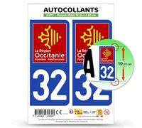 Autocollant Plaque Immatriculation 2 Stickers département 32 Gers - Occitanie en Version Fond Bleu : 10,25 x 4,6 cm (Plaque Plexi)