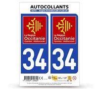 Autocollant Plaque Immatriculation 2 Stickers département 34 Hérault - Occitanie en Version Fond Bleu : 9,8 x 4,5 cm (Angles Arrondis)