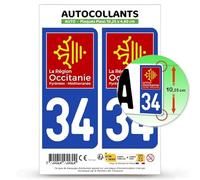 Autocollant Plaque Immatriculation 2 Stickers département 34 Hérault - Occitanie en Version Fond Bleu : 10,25 x 4,6 cm (Plaque Plexi)