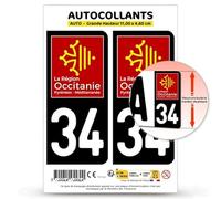 Autocollant Plaque Immatriculation 2 Stickers département 34 Hérault - Occitanie en Version Fond Noir : 11 x 4,6 cm (Grande Hauteur)