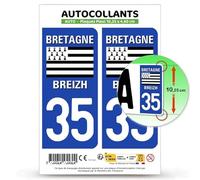 Autocollant Plaque Immatriculation 2 Stickers département 35 Ille-et-Vilaine - Bretagne en Version : Fond Bleu - 10,25 x 4,6 cm Plaque Plexi