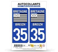 Autocollant Plaque Immatriculation 2 Stickers département 35 Ille-et-Vilaine - Bretagne en Version : Fond Bleu - 9,8 x 4,5 cm Angles Arrondis