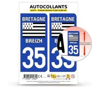 Autocollant Plaque Immatriculation 2 Stickers département 35 Ille-et-Vilaine - Bretagne en Version : Fond Bleu - 11 x 4,6 cm Grande Hauteur