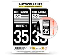 Autocollant Plaque Immatriculation 2 Stickers département 35 Ille-et-Vilaine - Bretagne en Version : Fond Noir - 11 x 4,6 cm Grande Hauteur
