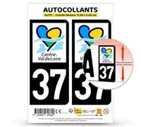 Autocollant Plaque Immatriculation 2 Stickers département 37 Indre-et-Loire - Centre-Val de Loire II en Version Fond Noir : 11 x 4,6 cm (Grande Hauteur)