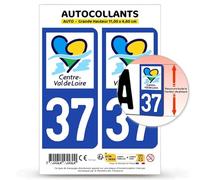 Autocollant Plaque Immatriculation 2 Stickers département 37 Indre-et-Loire - Centre-Val de Loire II en Version Fond Bleu : 11 x 4,6 cm (Grande Hauteur)