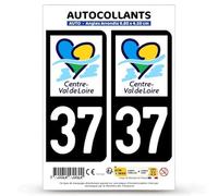 Autocollant Plaque Immatriculation 2 Stickers département 37 Indre-et-Loire - Centre-Val de Loire II en Version Fond Noir : 9,8 x 4,5 cm (Angles Arrondis)