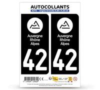 Autocollant Plaque Immatriculation 2 Stickers département 42 Loire - Auvergne-Rhône-Alpes en Version : Fond Noir - 9,8 x 4,5 cm Angles Arrondis