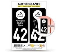 Autocollant Plaque Immatriculation 2 Stickers département 42 Loire - Auvergne-Rhône-Alpes en Version : Fond Noir - 11 x 4,6 cm Grande Hauteur