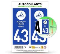 Autocollant Plaque Immatriculation 2 Stickers département 43 Haute-Loire - Auvergne-Rhône-Alpes en Version : Fond Bleu - 10,25 x 4,6 cm Plaque Plexi