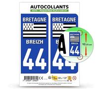 Autocollant Plaque Immatriculation 2 Stickers département 44 Loire-Atlantique - Bretagne en Version Fond Bleu : 10,25 x 4,6 cm (Plaque Plexi)
