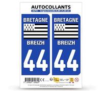 Autocollant Plaque Immatriculation 2 Stickers département 44 Loire-Atlantique - Bretagne en Version Fond Bleu : 9,8 x 4,5 cm (Angles Arrondis)