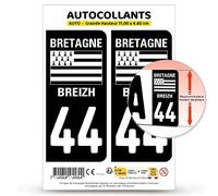 Autocollant Plaque Immatriculation 2 Stickers département 44 Loire-Atlantique - Bretagne en Version Fond Noir : 11 x 4,6 cm (Grande Hauteur)