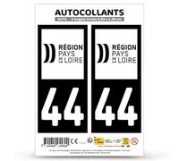 Autocollant Plaque Immatriculation 2 Stickers département 44 Loire-Atlantique - Pays de la Loire II en Version Fond Noir : 9,8 x 4,5 cm (Angles Droits)