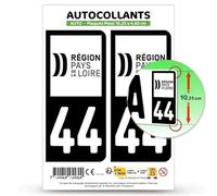 Autocollant Plaque Immatriculation 2 Stickers département 44 Loire-Atlantique - Pays de la Loire II en Version Fond Noir : 10,25 x 4,6 cm (Plaque Plexi)