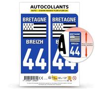 Autocollant Plaque Immatriculation 2 Stickers département 44 Loire-Atlantique - Pays de la Loire II en Version Fond Bleu : 11 x 4,6 cm (Grande Hauteur)