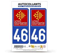 Autocollant Plaque Immatriculation 2 Stickers département 46 Lot - Occitanie en Version Fond Bleu : 9,8 x 4,5 cm (Angles Arrondis)