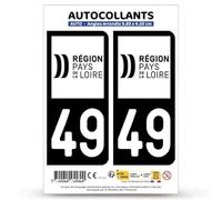 Autocollant Plaque Immatriculation 2 Stickers département 49 Maine-et-Loire - Pays de la Loire II en Version Fond Noir : 9,8 x 4,5 cm (Angles Arrondis)