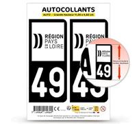 Autocollant Plaque Immatriculation 2 Stickers département 49 Maine-et-Loire - Pays de la Loire II en Version Fond Noir : 11 x 4,6 cm (Grande Hauteur)