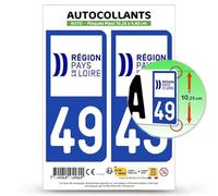 Autocollant Plaque Immatriculation 2 Stickers département 49 Maine-et-Loire - Pays de la Loire II en Version Fond Bleu : 10,25 x 4,6 cm (Plaque Plexi)