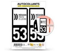 Autocollant Plaque Immatriculation 2 Stickers département 53 Mayenne - Pays de la Loire II en Version Fond Noir : 11 x 4,6 cm (Grande Hauteur)