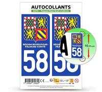 Autocollant Plaque Immatriculation 2 stickers département 58 Nièvre - Bourgogne-Franche-Comté II en version : Fond Bleu - 10,25 x 4,6 cm Plaque Plexi